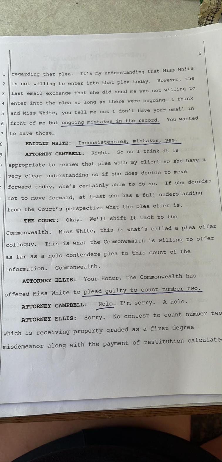 Transcript page 5 — ADA Ellis says guilty plea, defense attorney Campbell corrects: a nolo contendere plea