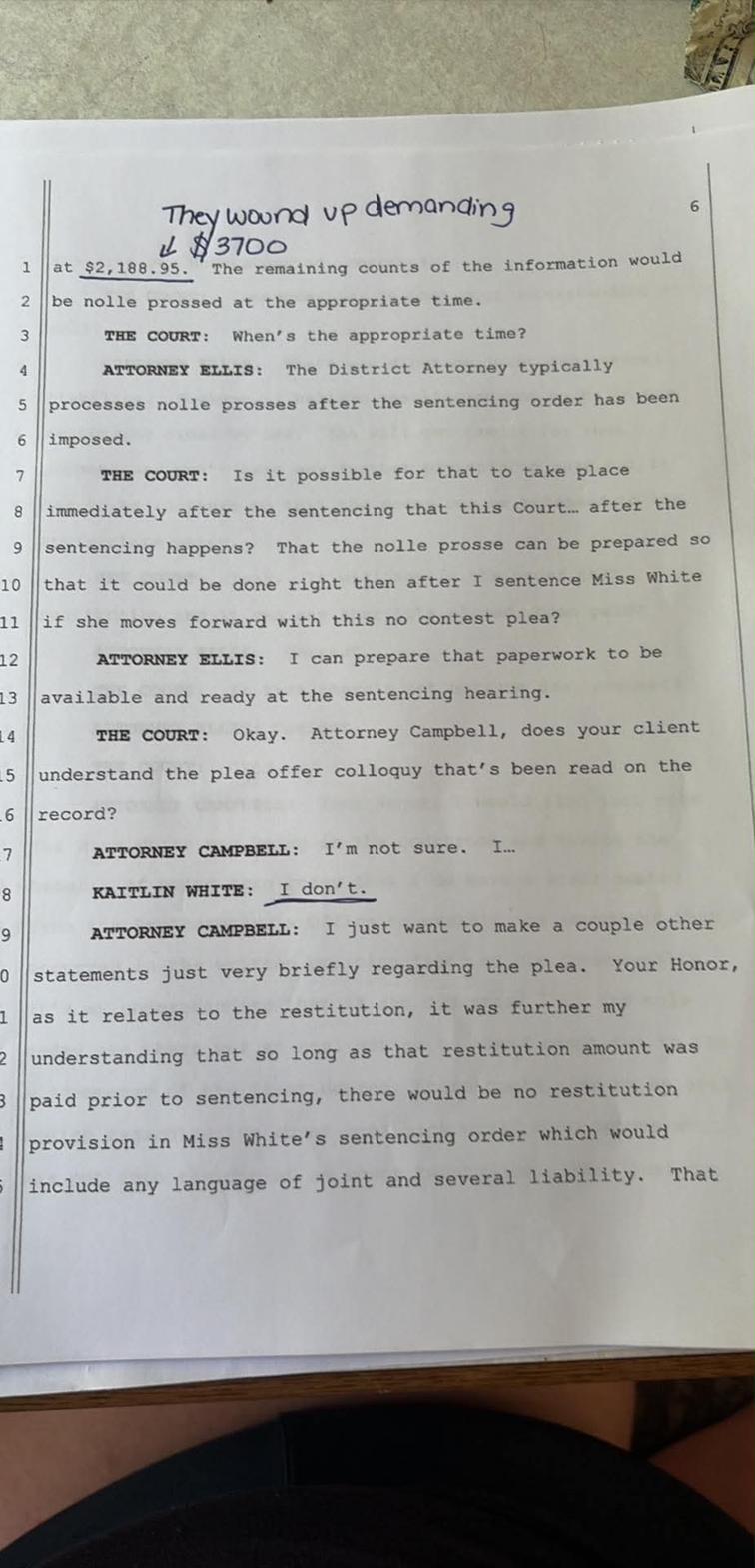 Transcript page 6 — restitution stated at 2188.95 dollars with handwritten annotation noting amount later changed to 3700 dollars