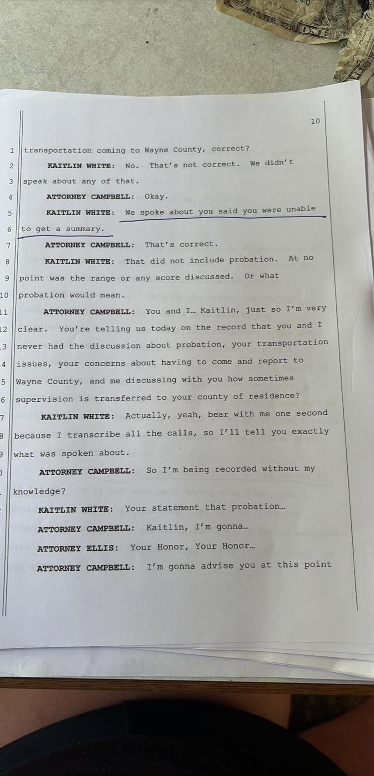 Transcript page 10 — White says she transcribes calls; Campbell asks if she is being recorded without knowledge