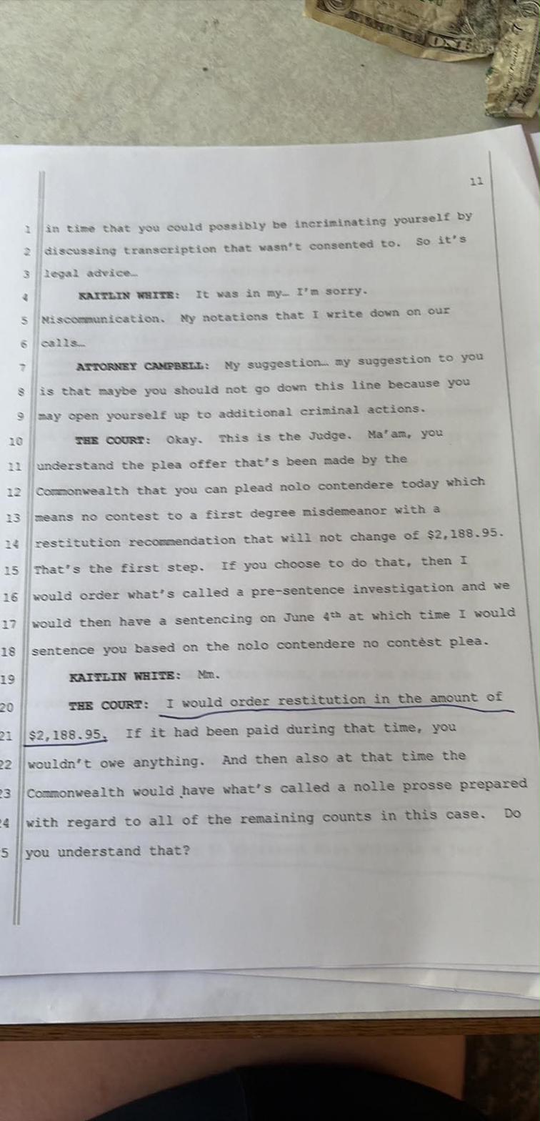Transcript page 11 — Campbell warns White she may open herself up to additional criminal actions; White clarifies she takes written notes