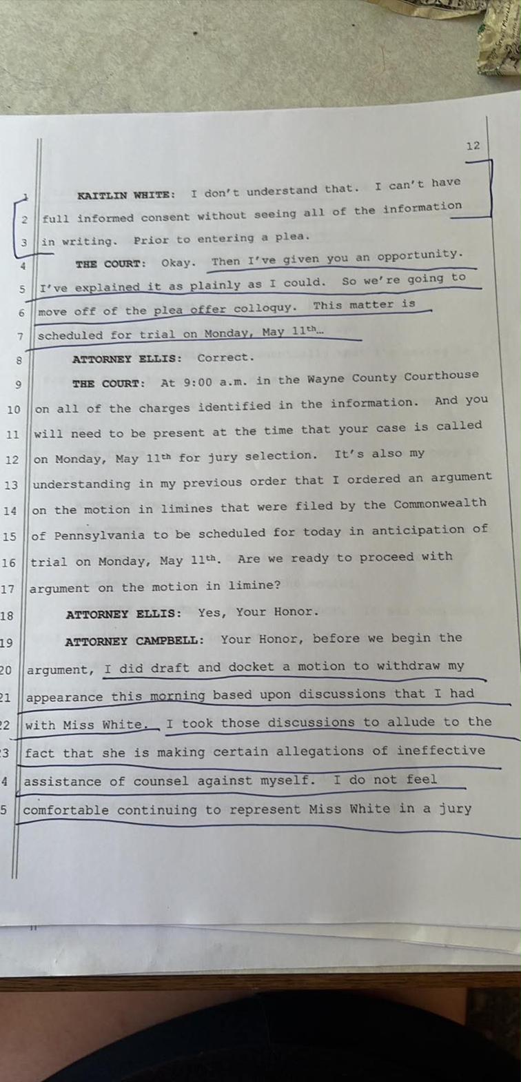 Transcript page 12 — White states she cannot have full informed consent without seeing all information in writing
