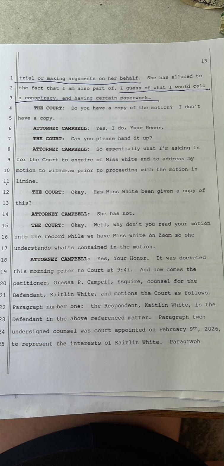 Transcript page 13 — Campbell reads withdrawal motion into record, notes White alleged conspiracy involving her own attorney