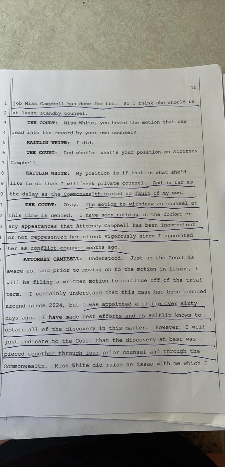 Transcript page 15 — Campbell describes discovery pieced together through four prior counsel, appointed only sixty days earlier