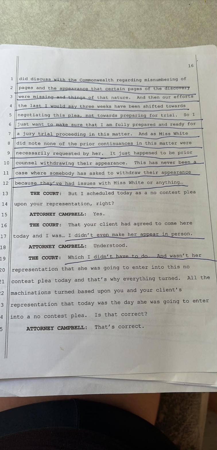 Transcript page 16 — Campbell states discovery pages misnumbered and missing, shifting efforts from trial preparation to plea negotiation