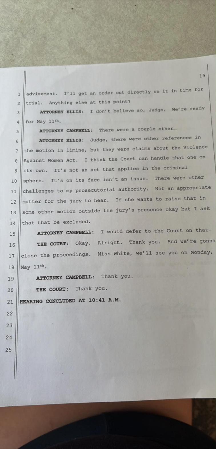 Transcript page 19 — ADA Ellis states Commonwealth ready for May 11 trial, asks to exclude Violence Against Women Act references