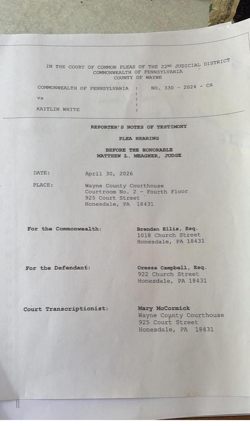 April 30, 2026 plea hearing transcript page 1 — title page, Commonwealth v. White, before Judge Meagher