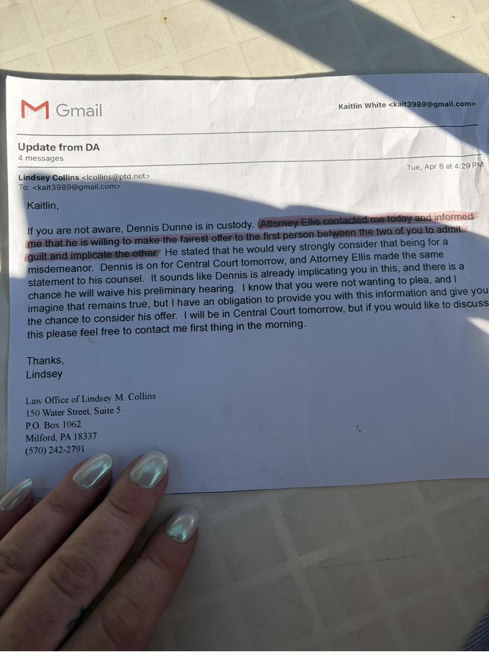 Email from attorney Collins to White — DA willing to make fairest offer to first person to admit guilt and implicate the other