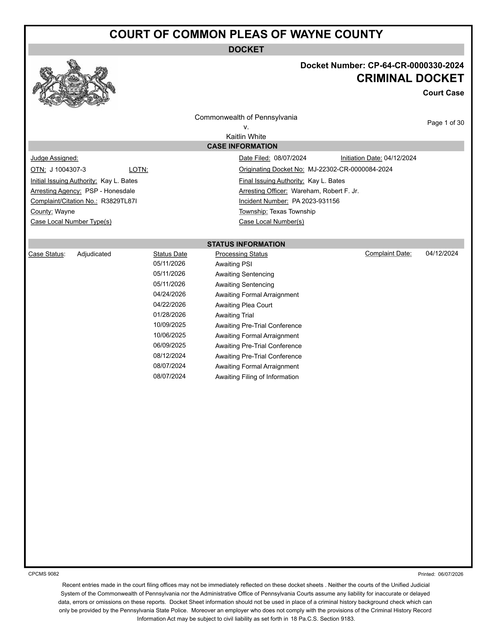 Criminal docket cover page, Commonwealth v. Kaitlin White, CP-64-CR-0000330-2024, Wayne County Court of Common Pleas — Judge Assigned field blank