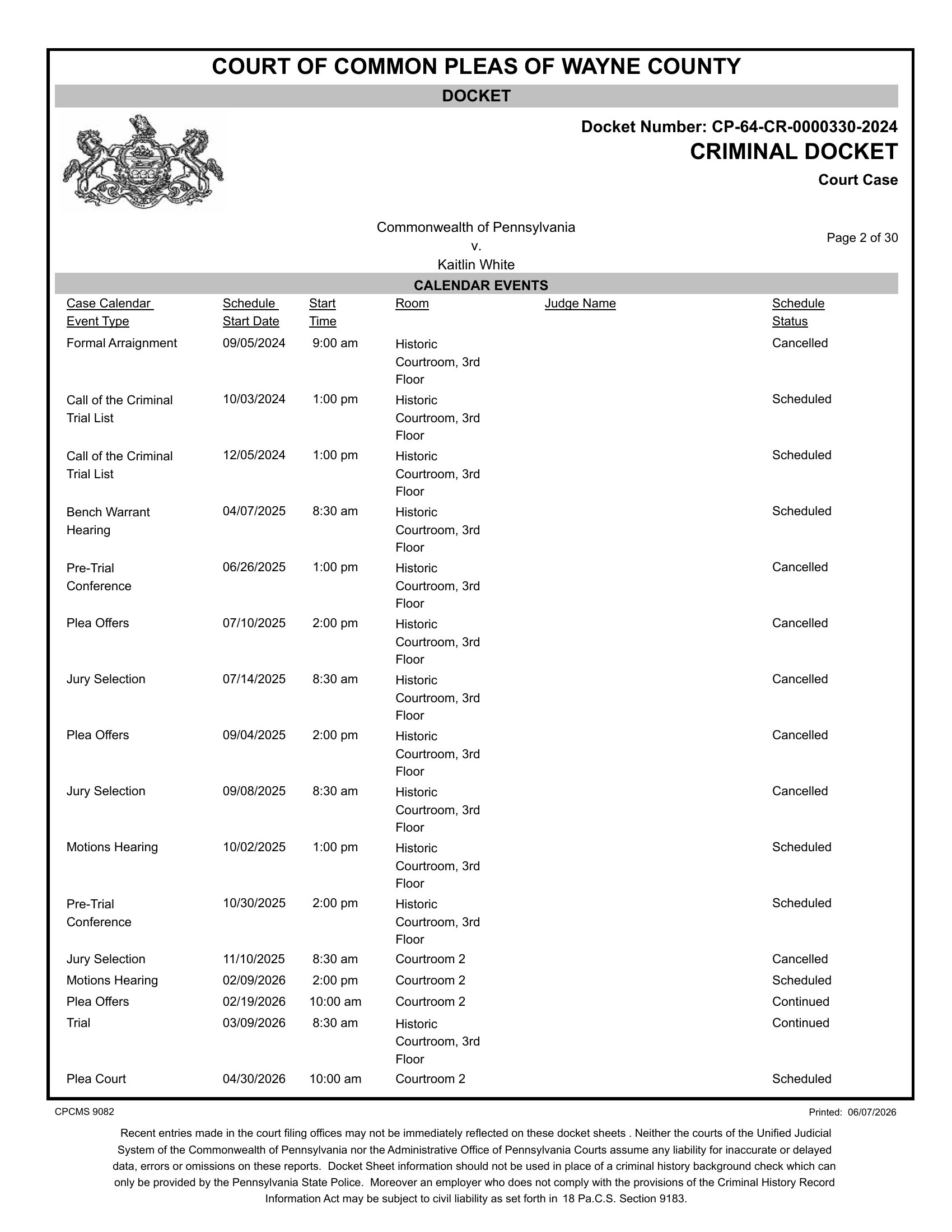 Docket calendar events page showing blank Judge Name column on all entries, Commonwealth v. White