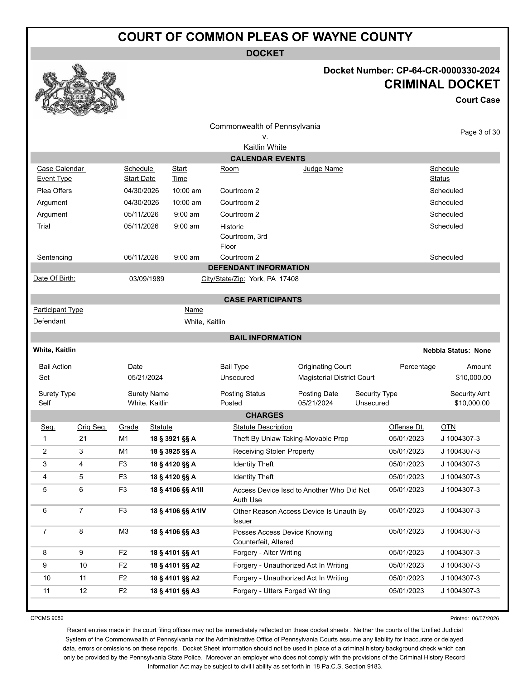 Docket calendar events continued with blank Judge Name column and full amended charge list including F2 forgery counts