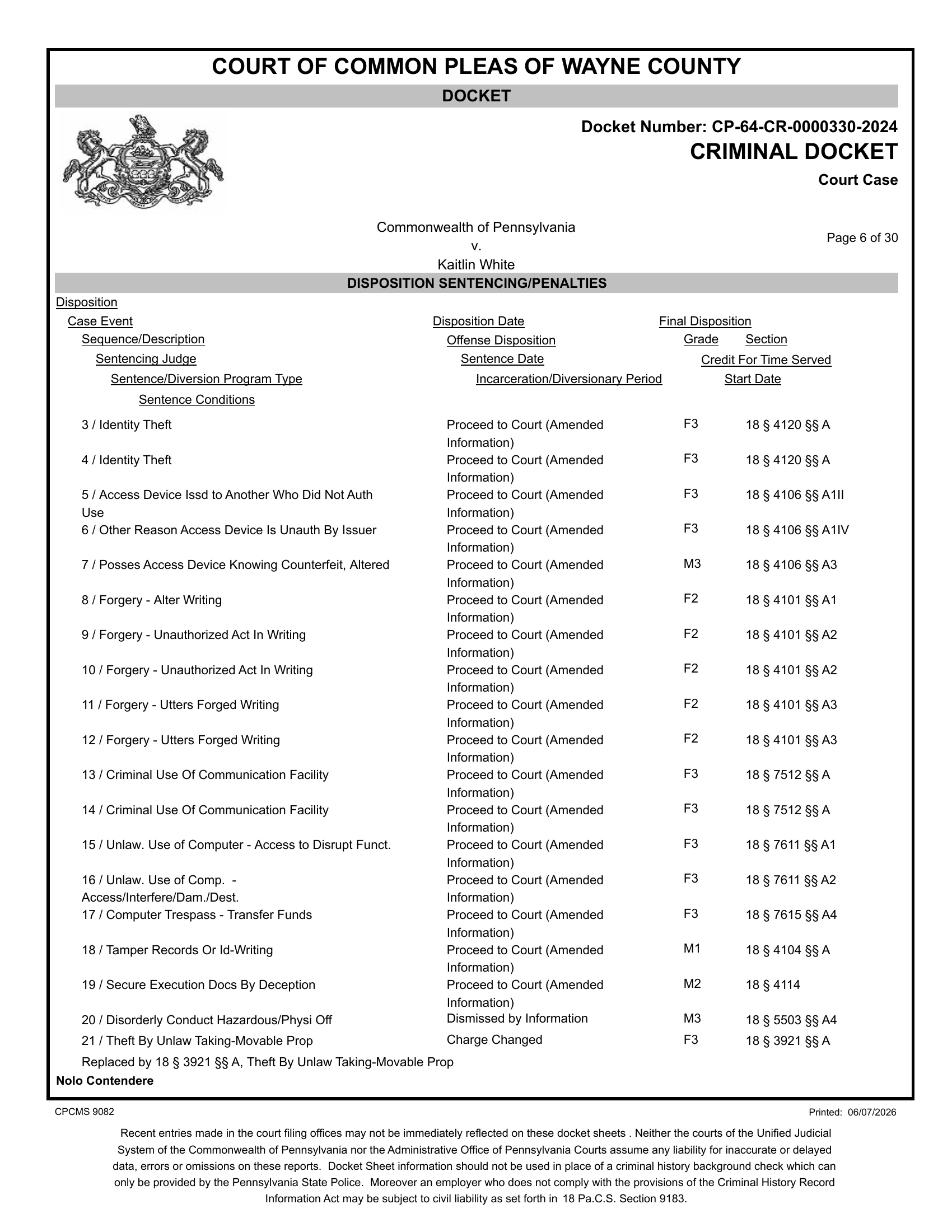 Criminal docket page 6, Commonwealth v. Kaitlin White, CP-64-CR-0000330-2024