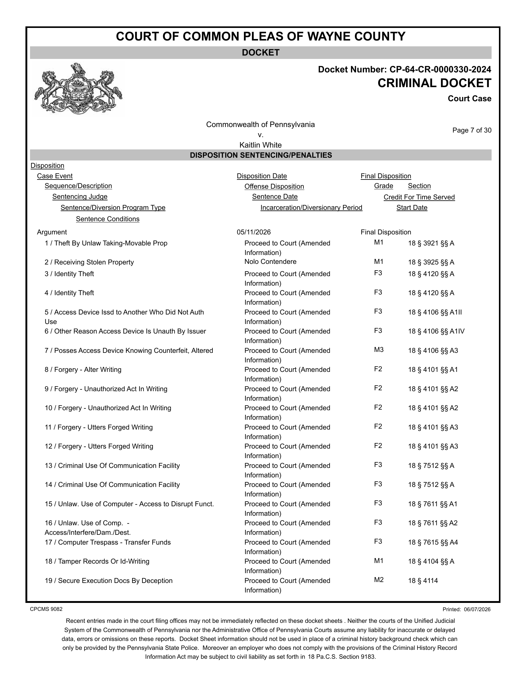 Docket final disposition page — Count 2 nolo contendere, all other counts listed as Proceed to Court, May 11, 2026