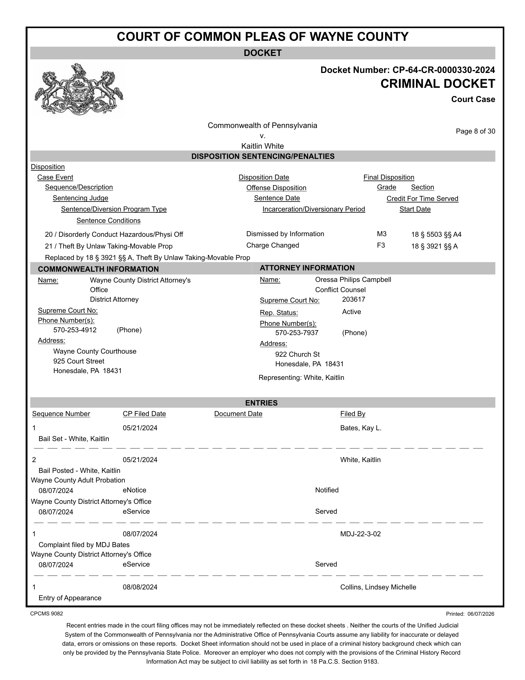 Docket Commonwealth information page — prosecutor listed as office only with no individual name or Supreme Court number; Count 20 dismissed