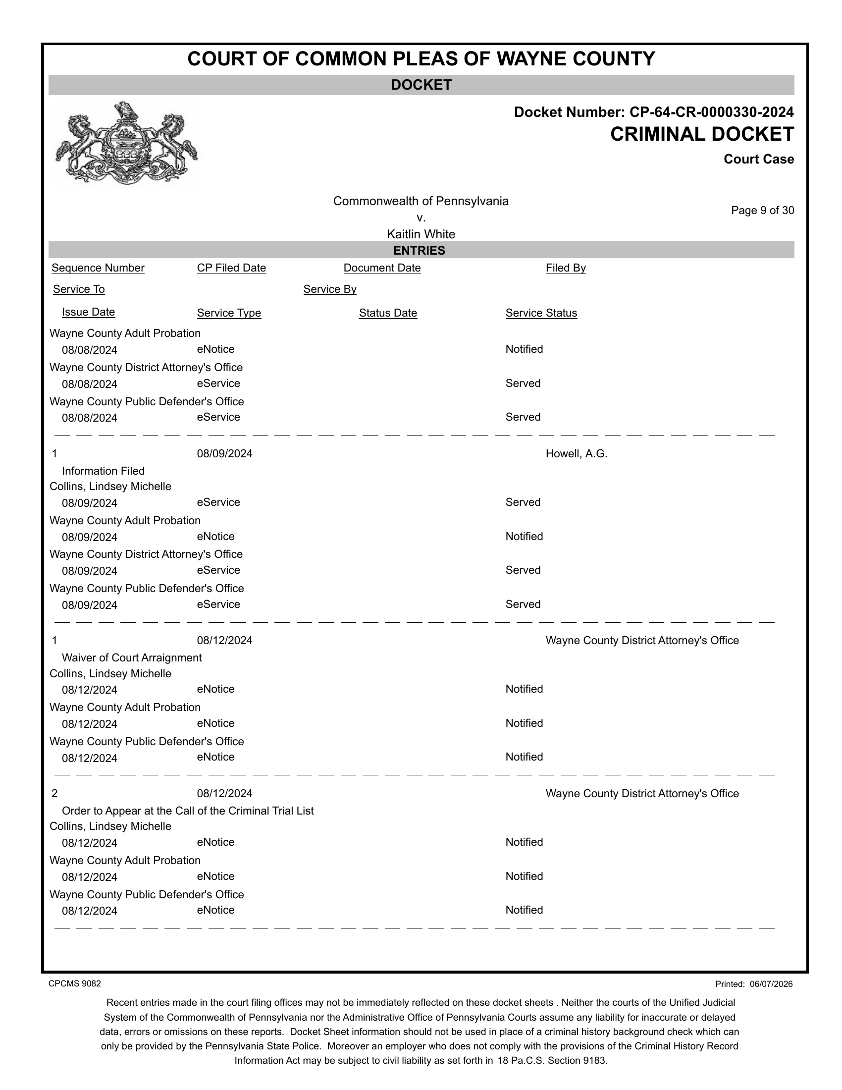 Criminal docket page 9, Commonwealth v. Kaitlin White, CP-64-CR-0000330-2024