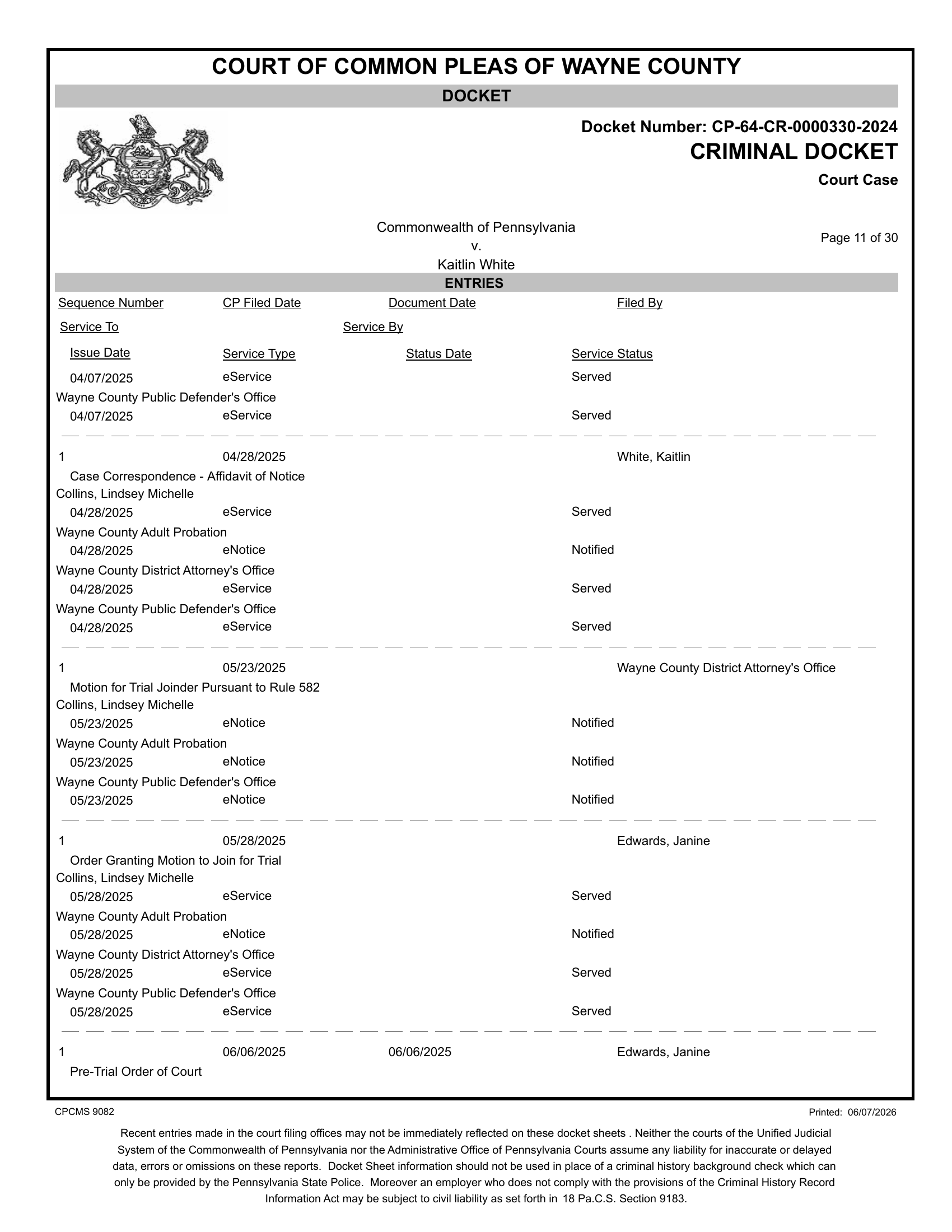 Docket entries for motion for trial joinder and order granting joinder, Judge Edwards, May 2025