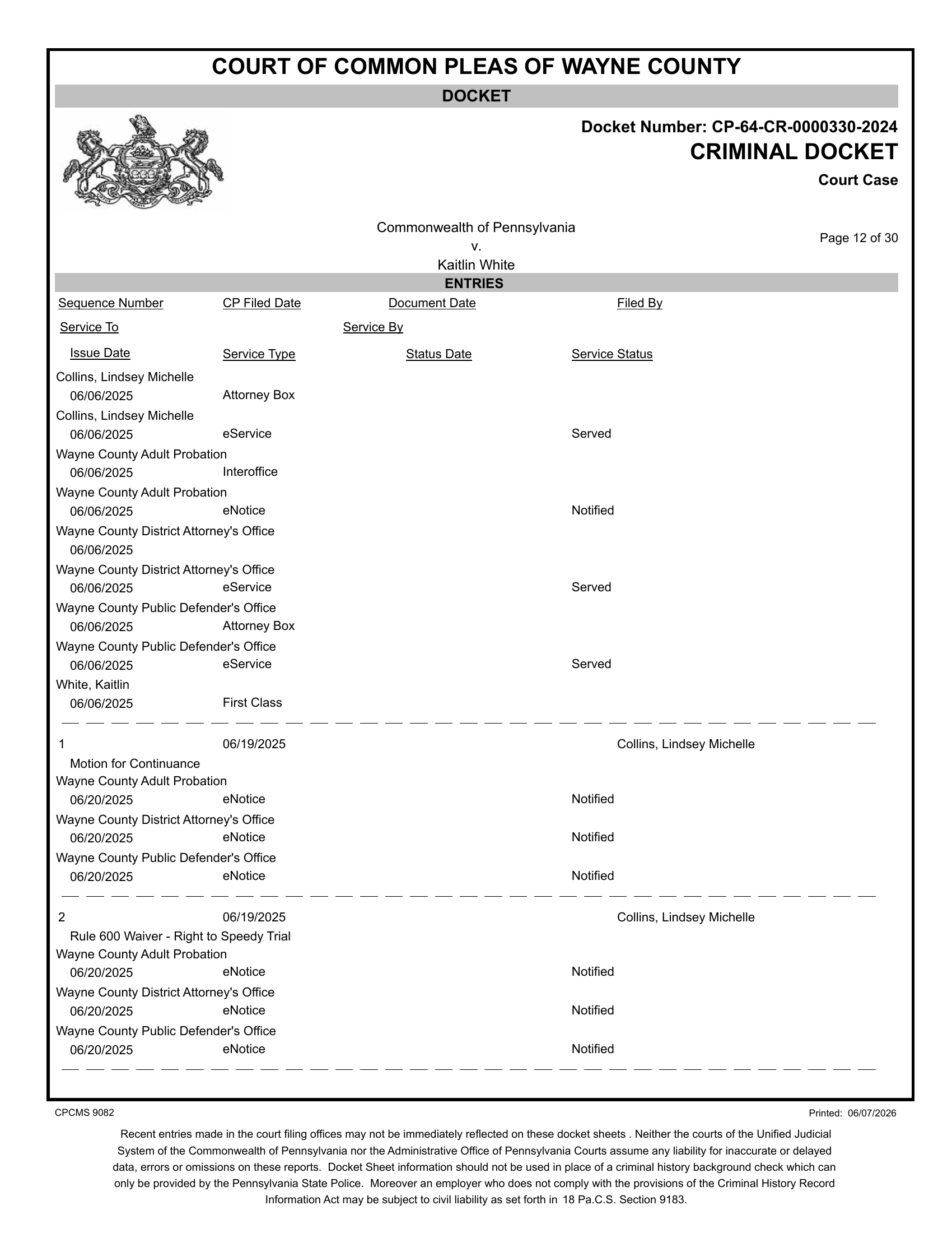 Docket entry showing second Rule 600 waiver filed by attorney Collins, June 19, 2025