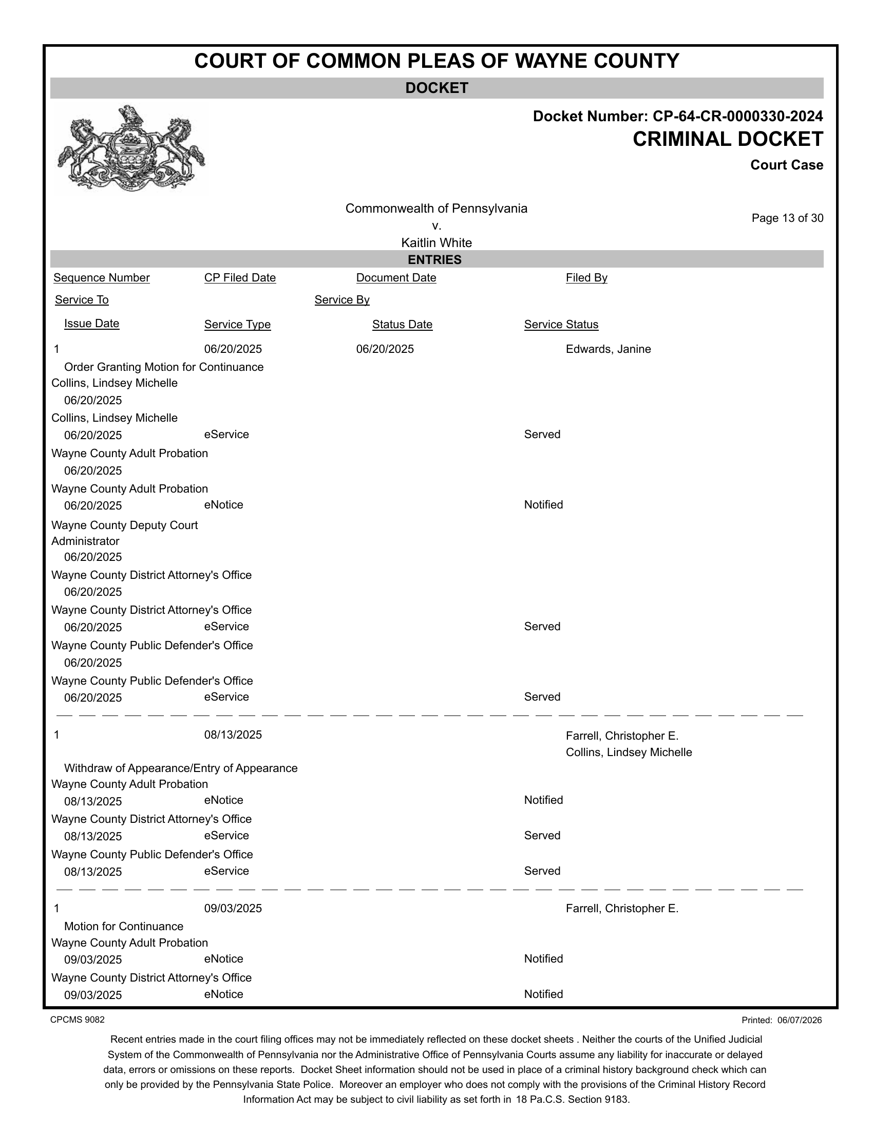 Criminal docket page 13, Commonwealth v. Kaitlin White, CP-64-CR-0000330-2024