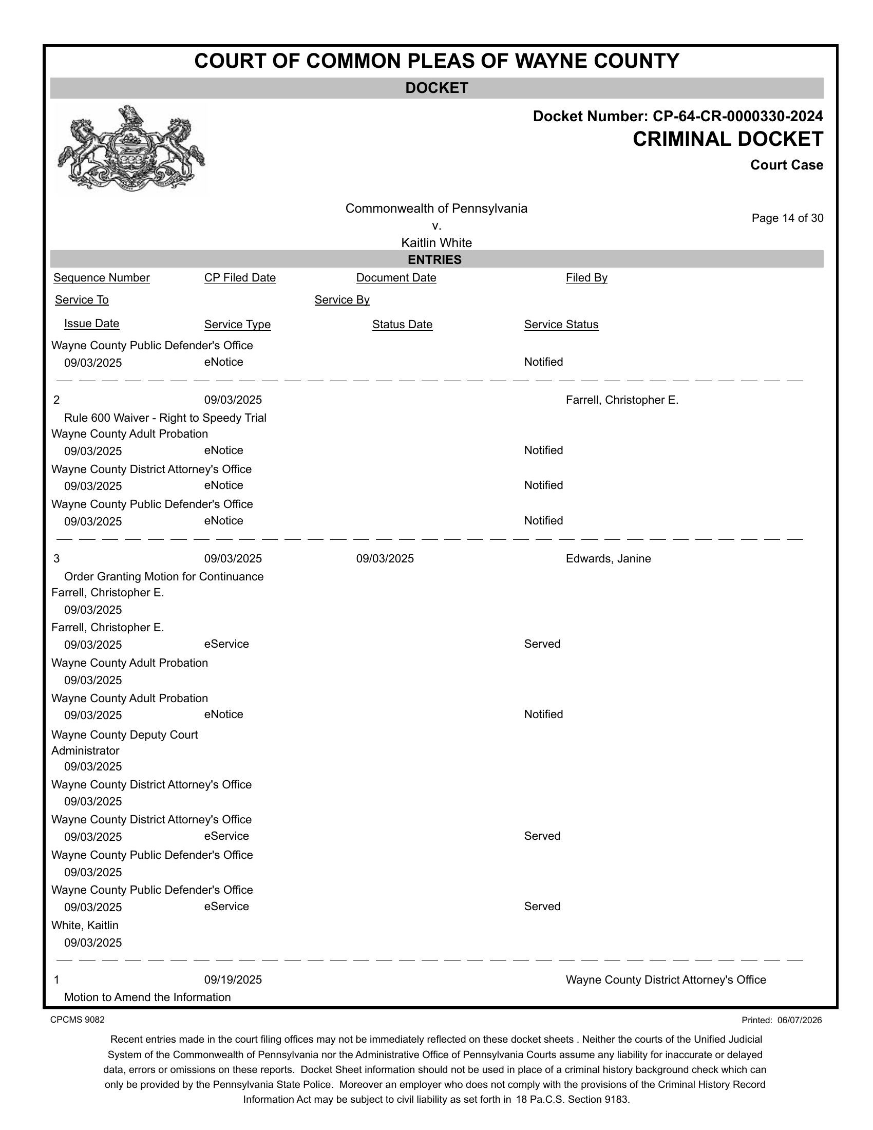 Docket entry showing third Rule 600 waiver filed by attorney Farrell, September 3, 2025