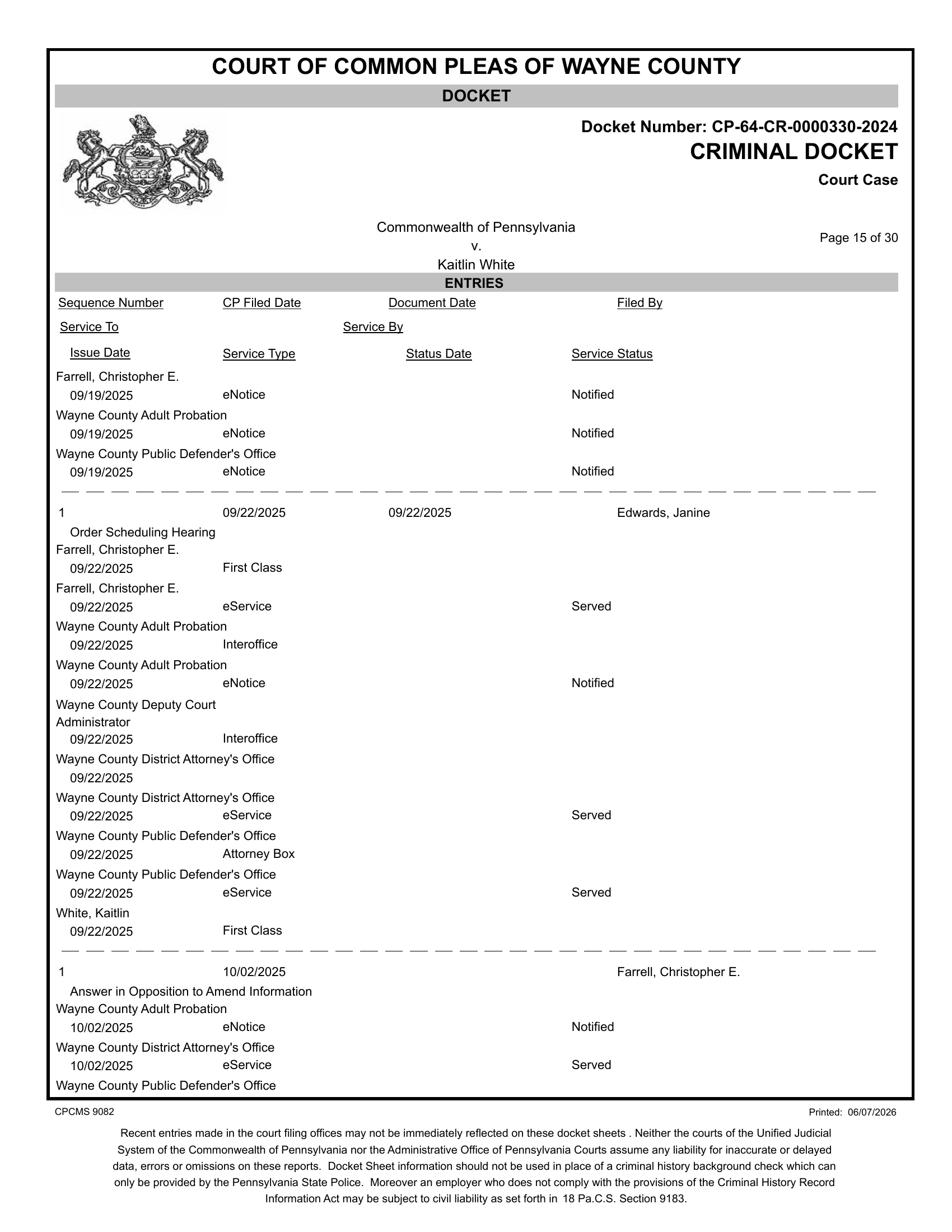 Criminal docket page 15, Commonwealth v. Kaitlin White, CP-64-CR-0000330-2024