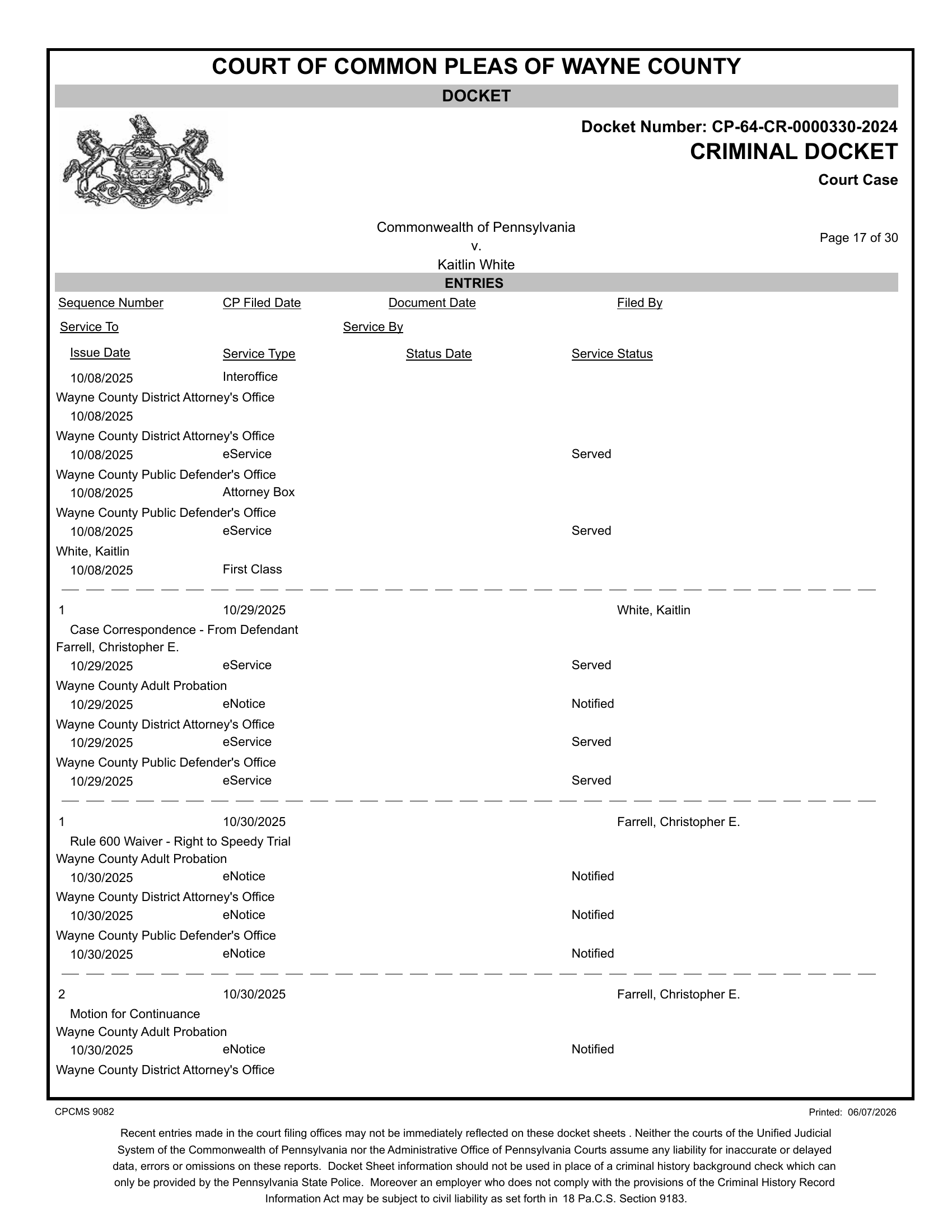 Docket entry showing fourth Rule 600 waiver filed by attorney Farrell, October 30, 2025