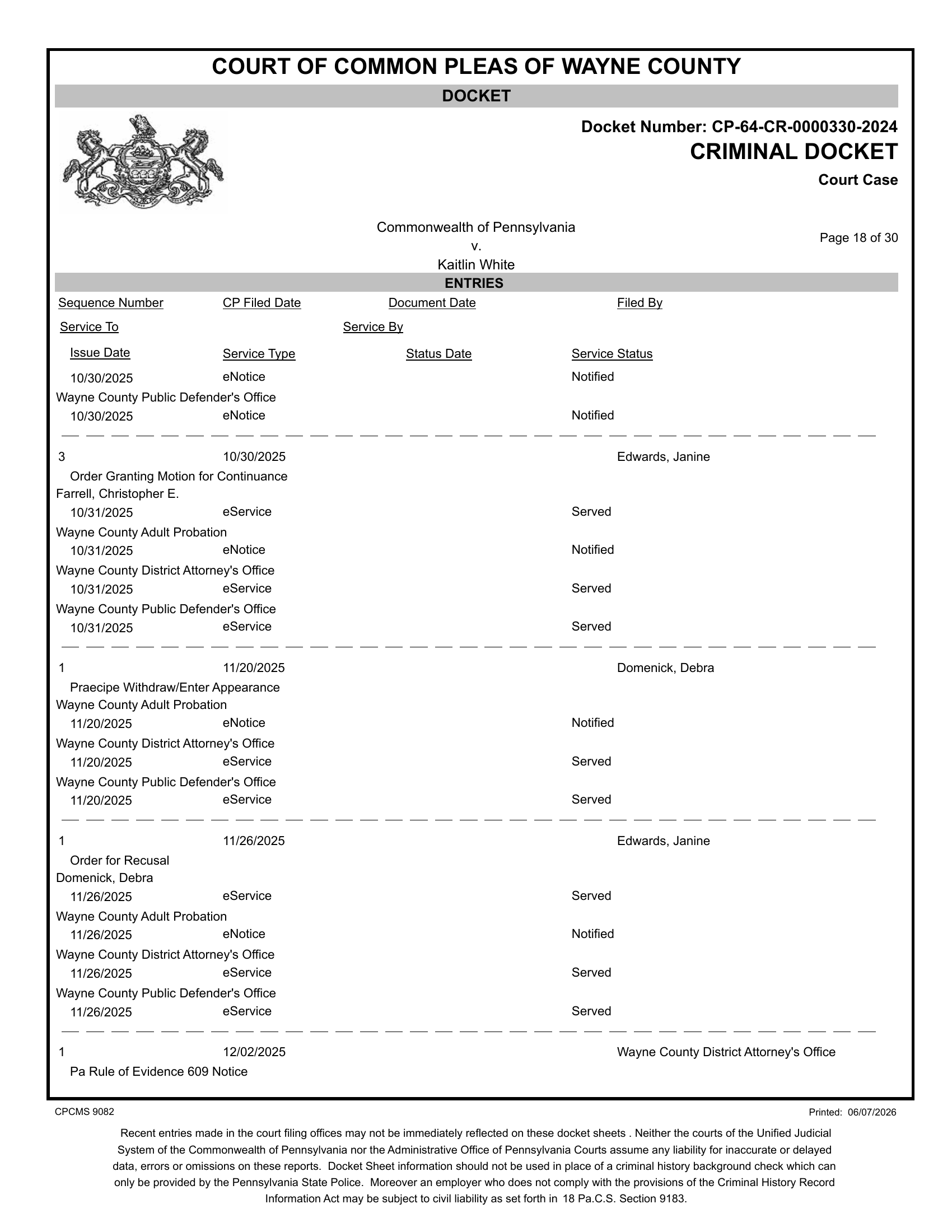 Docket entry — Judge Edwards order for recusal, November 26, 2025, Commonwealth v. White
