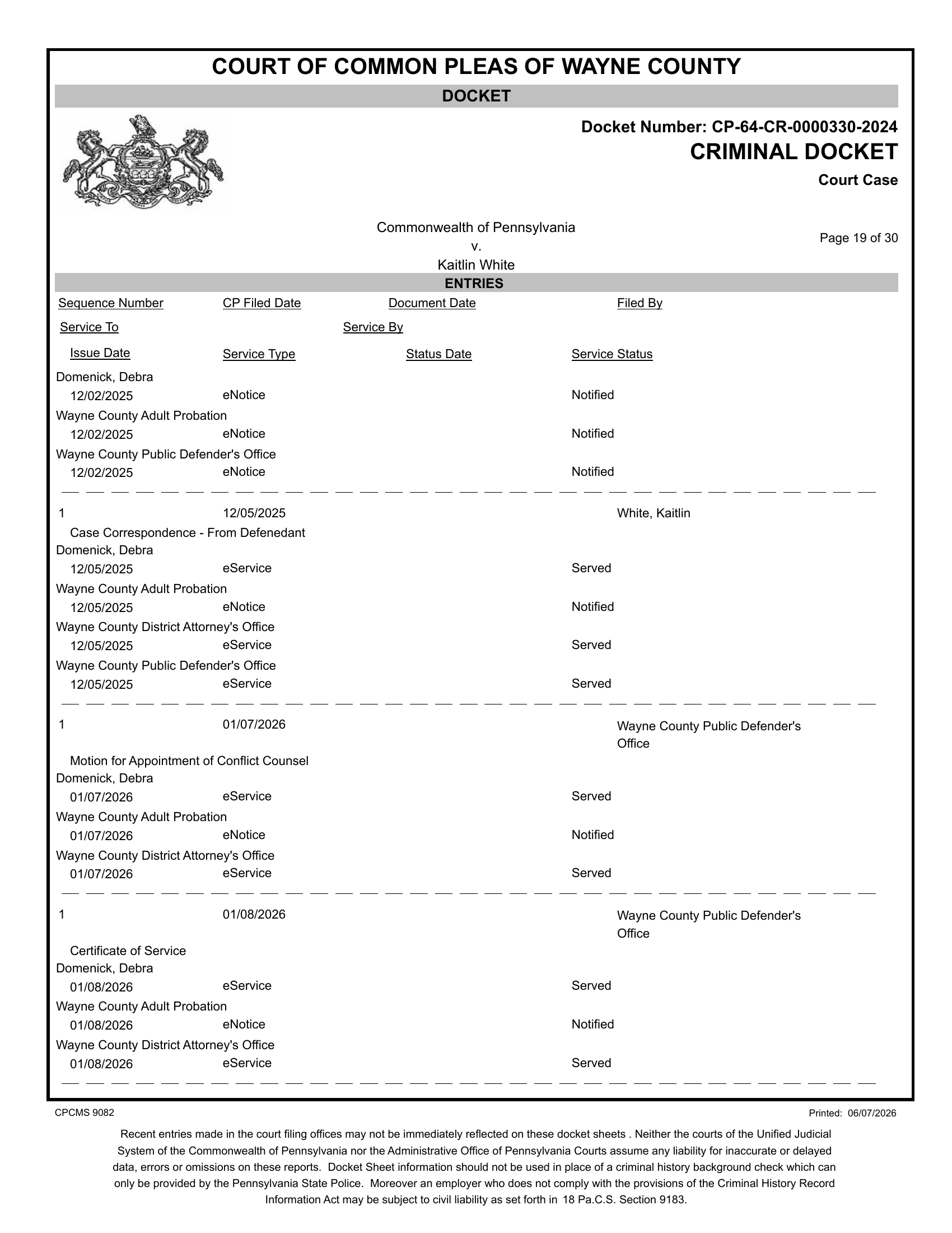 Docket entry — Public Defender motion for appointment of conflict counsel, January 7, 2026