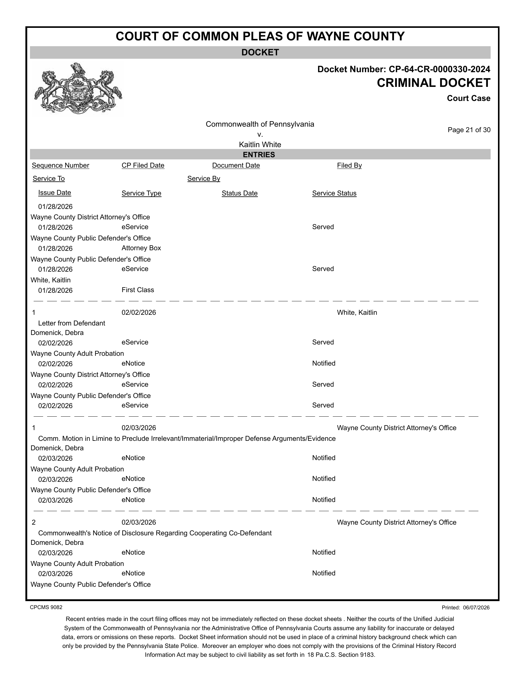 Docket entries — Motion in Limine and cooperating co-defendant notice filed February 3, 2026, served on conflicted counsel