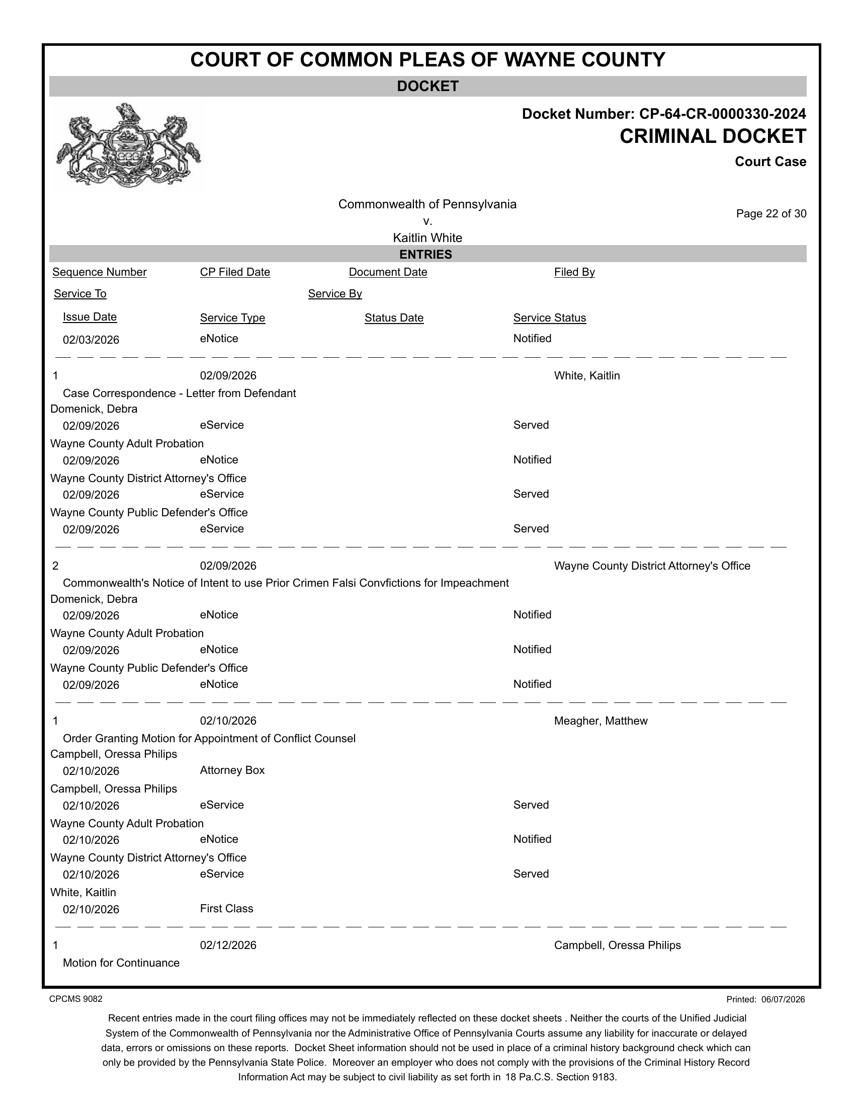Docket entries — Crimen Falsi notice filed February 9; attorney Campbell appointed February 10, 2026