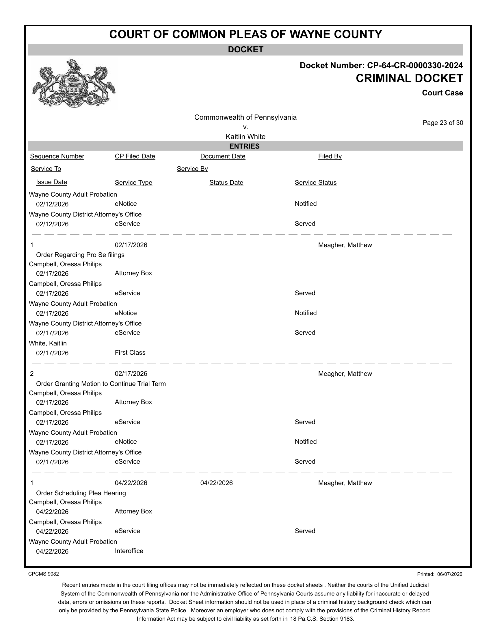 Docket entry — Judge Meagher order regarding pro se filings, February 17, 2026