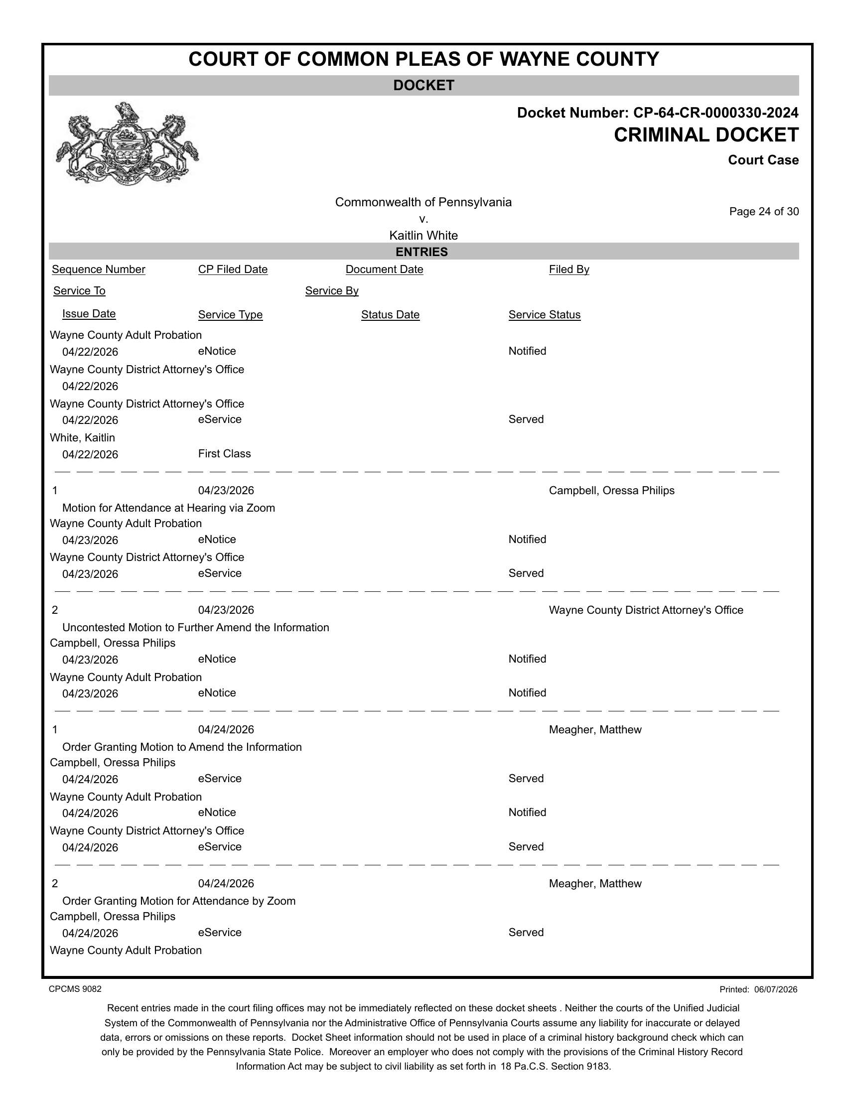 Criminal docket page 24, Commonwealth v. Kaitlin White, CP-64-CR-0000330-2024