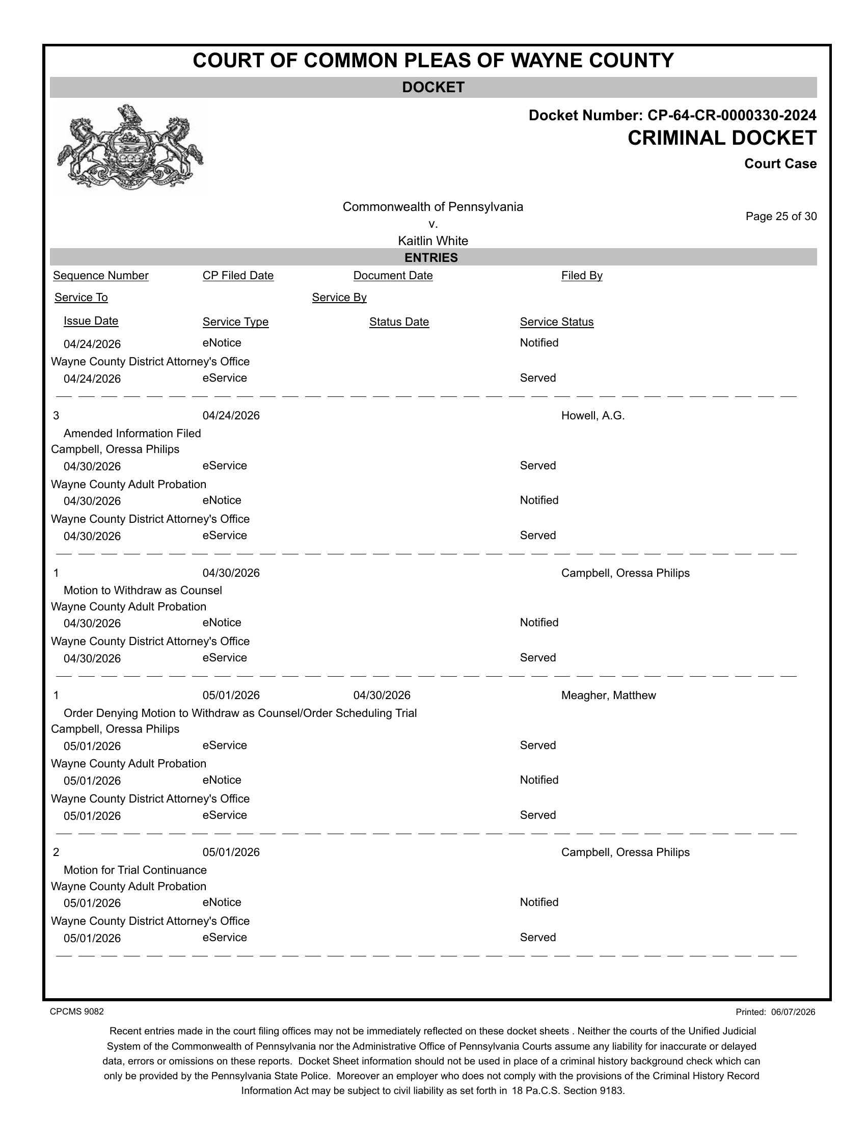 Docket entries — Campbell withdrawal motion filed April 30, denied May 1; trial continuance denied same day