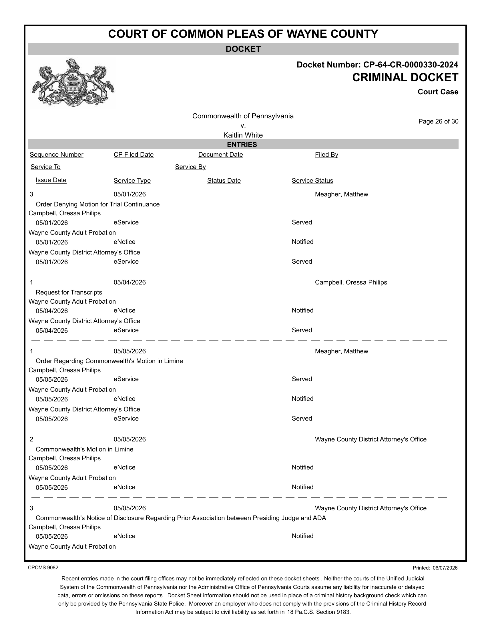 Docket entry — Commonwealth notice of disclosure regarding prior association between presiding judge and ADA, filed May 5, 2026
