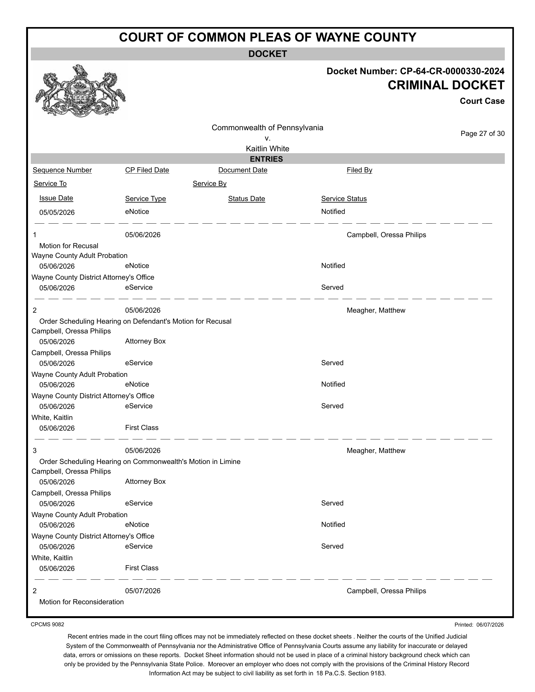Criminal docket page 27, Commonwealth v. Kaitlin White, CP-64-CR-0000330-2024