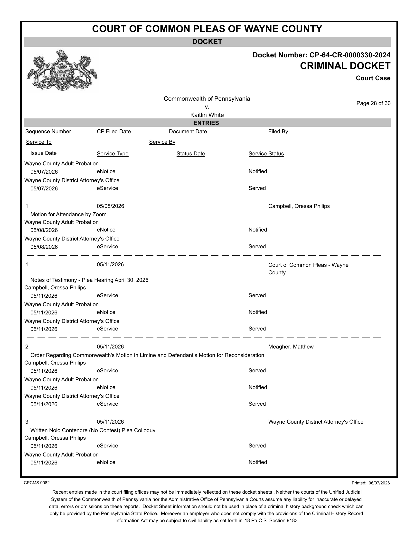 Criminal docket page 28, Commonwealth v. Kaitlin White, CP-64-CR-0000330-2024