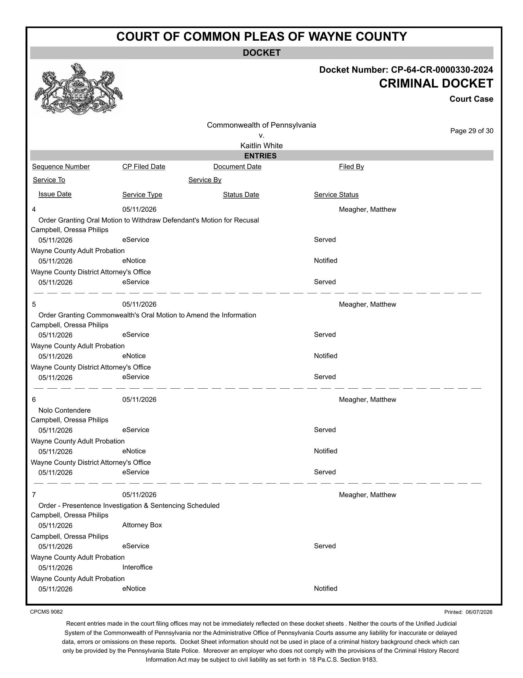 Docket entry — Order granting oral motion to withdraw recusal, nolo contendere entered, sentencing scheduled, May 11, 2026