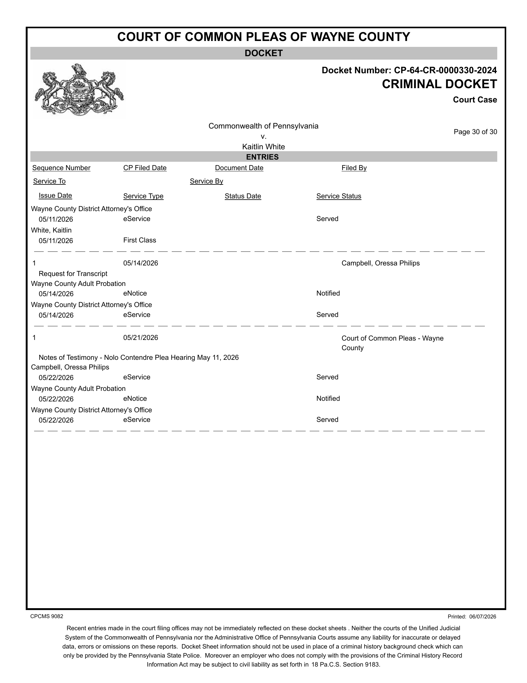Criminal docket page 30, Commonwealth v. Kaitlin White, CP-64-CR-0000330-2024