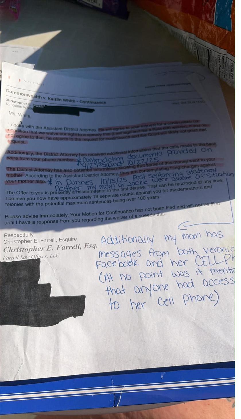 Attorney Farrell letter to White — they are contemplating filing charges against your mother, potential maximum sentences over 100 years