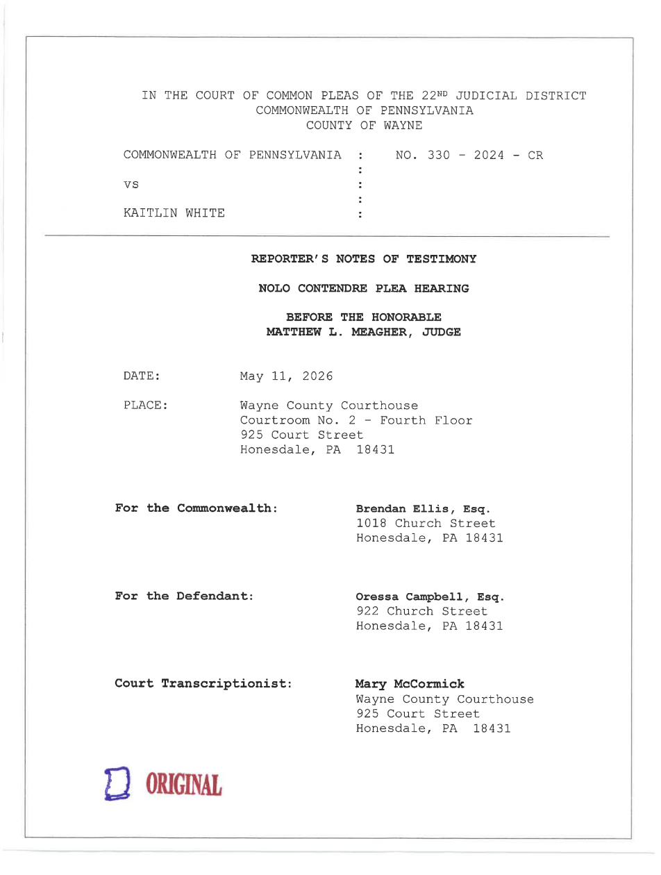 May 11, 2026 nolo contendere plea hearing transcript page 1 — title page, ADA Ellis at 1018 Church Street