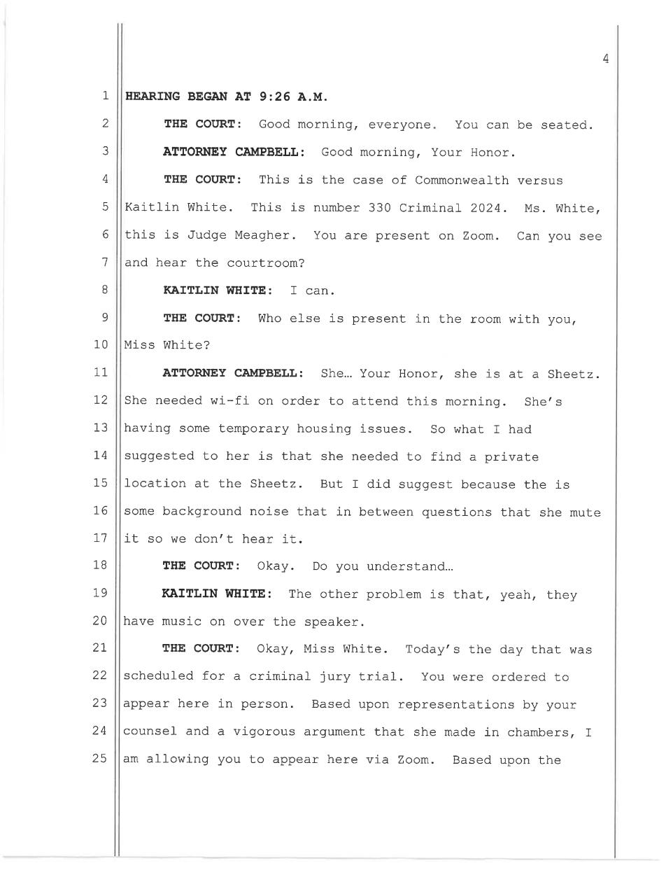 May 11, 2026 plea hearing transcript page 4 — Campbell: she is at a Sheetz, she needed wi-fi