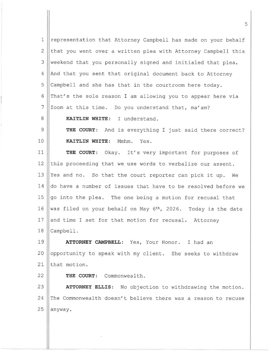 May 11, 2026 plea hearing transcript page 5 — recusal motion withdrawal, Ellis: no objection