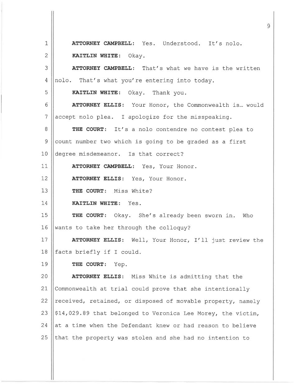 May 11, 2026 nolo contendere plea hearing transcript page 9, Commonwealth v. White