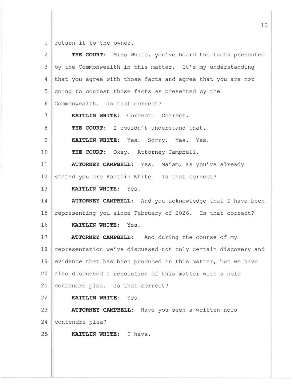 May 11, 2026 nolo contendere plea hearing transcript page 10, Commonwealth v. White