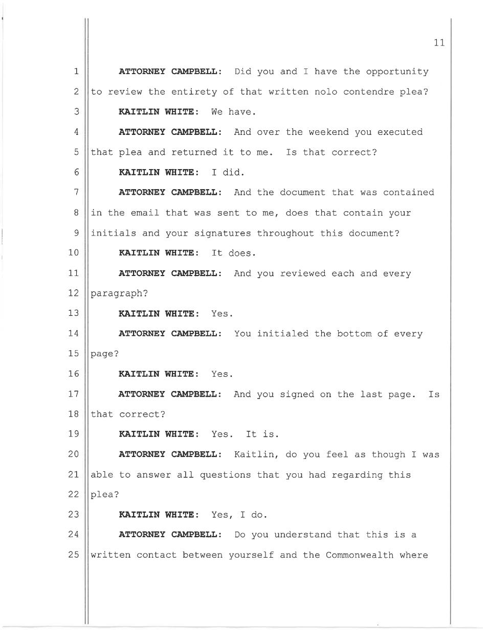 May 11, 2026 nolo contendere plea hearing transcript page 11, Commonwealth v. White