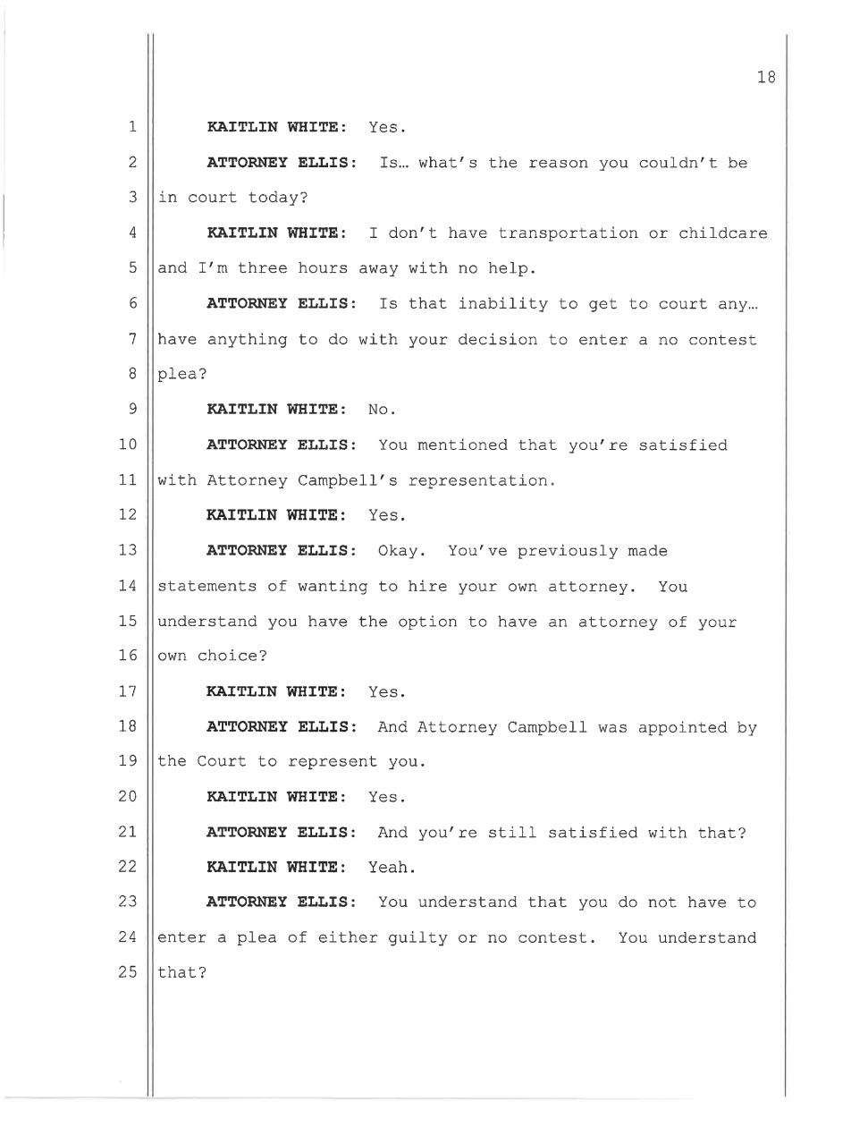 May 11, 2026 plea hearing transcript page 18 — White: no transportation or childcare, three hours away