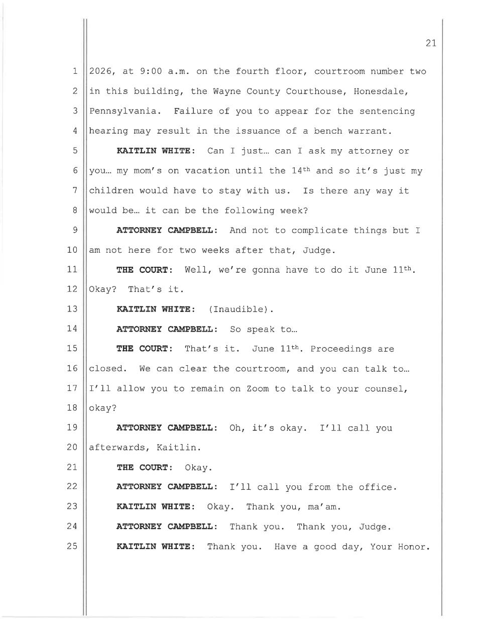 May 11, 2026 nolo contendere plea hearing transcript page 21, Commonwealth v. White