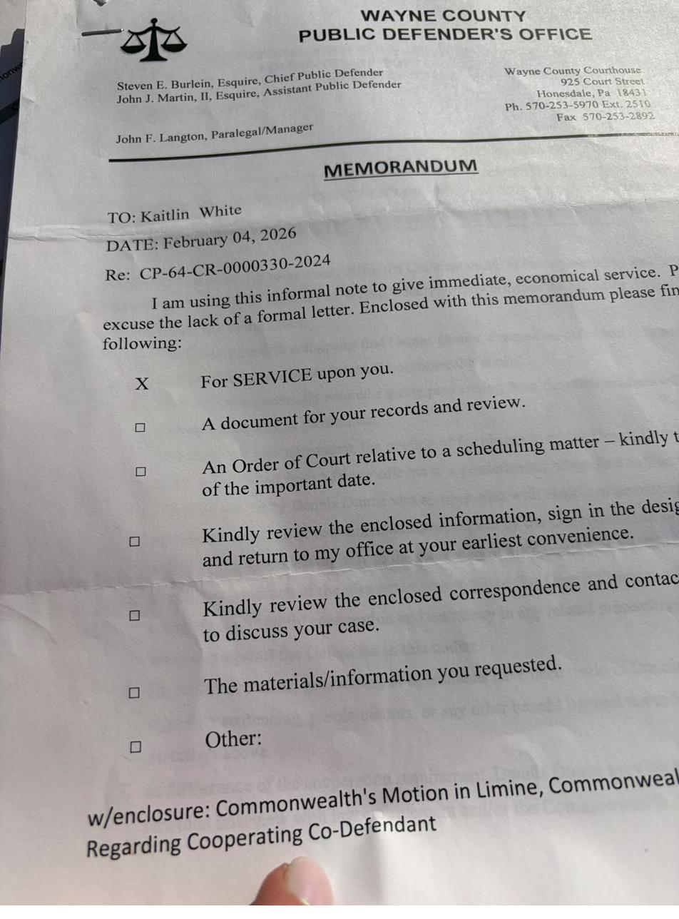 Public Defender office memorandum — serving White personally with Motion in Limine, February 4, 2026, during counsel gap